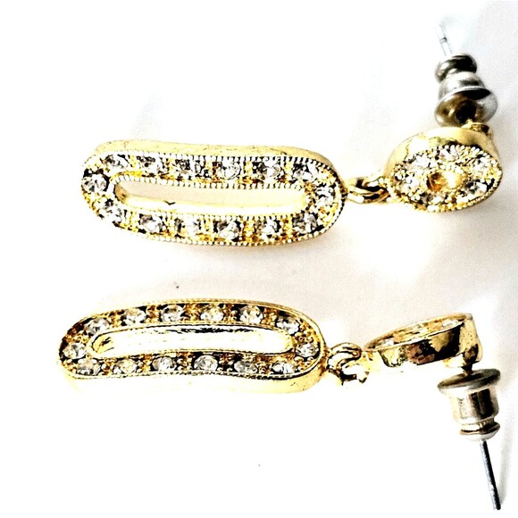 VTG Dangle Earrings Rectangle Gold Tone Crystal Post Studs Rounded Corners EUC! - Picture 7 of 8